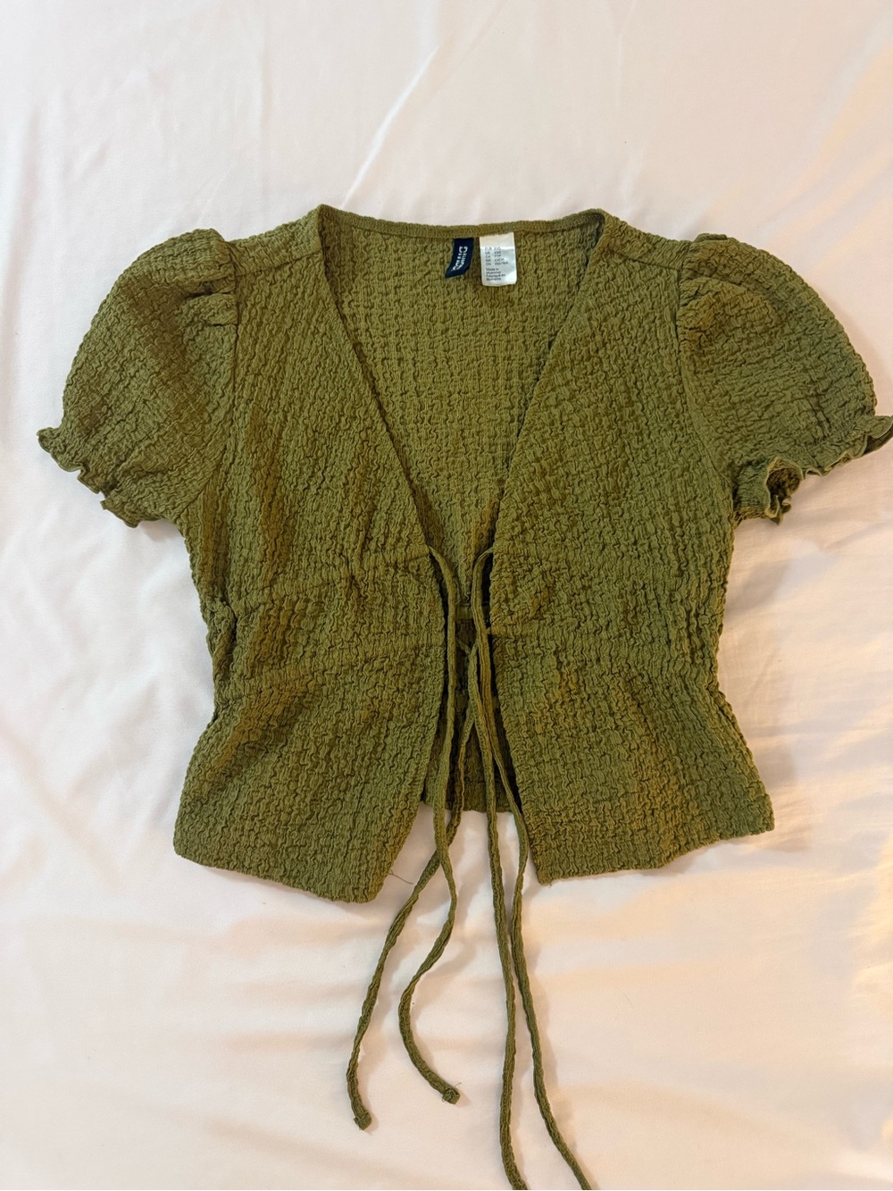 H&M Olive Green Tie-Front Puff Sleeve Blouse